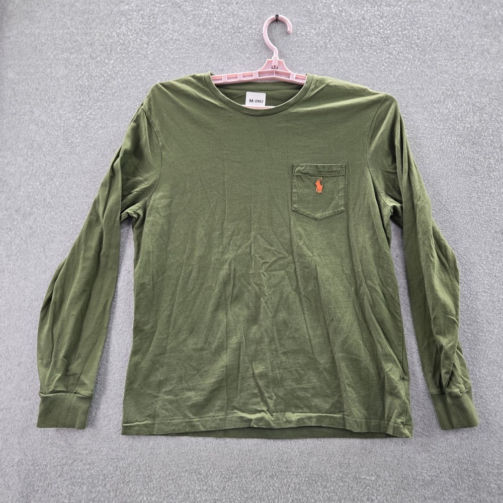Polo Ralph Lauren Men Shirt L Green Player Embroidery Classic Pocket Long